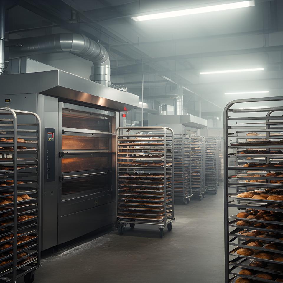 Horno rotativo profesional en una panadería industrial con carros metálicos y ambiente de producción amplio