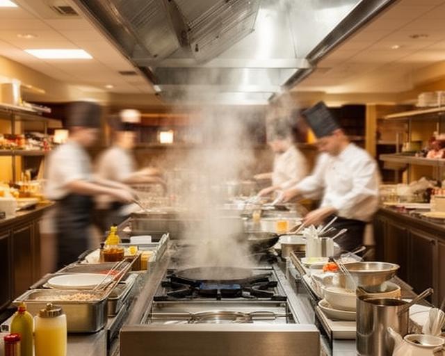 Cocina de hotel con estación de cocción profesional y personal en preparación
