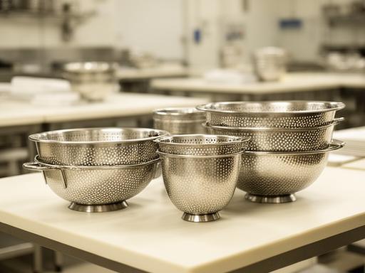 Coladores profesionales de acero sobre una mesa de trabajo en una cocina industrial ordenada