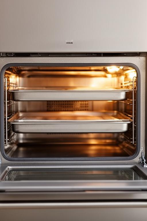 Horno profesional de acero en una cocina luminosa con puerta frontal abierta y bandejas metálicas