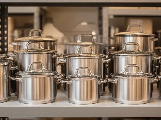 Batería de cocina de acero inoxidable con ollas y tapas brillantes alineadas en una estantería