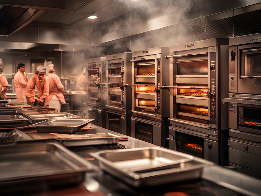 Cocina industrial con hornos de alta producción y brigada trabajando en servicio