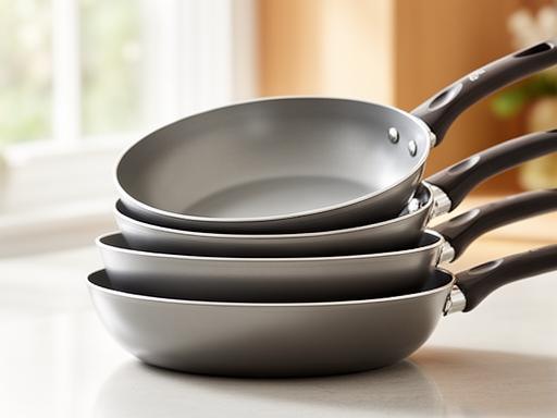 Juego de sartenes antiadherentes apiladas sobre una mesada de cocina con luz natural