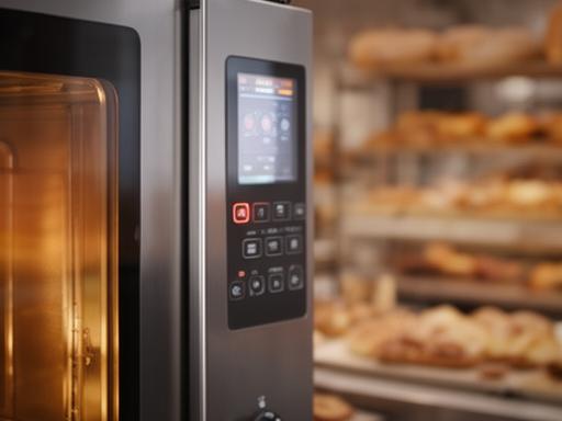 Horno de convección inteligente con panel táctil encendido en una panadería moderna