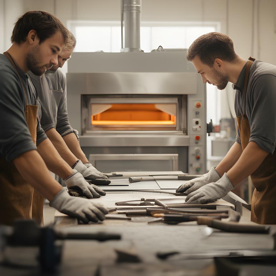 Equipo de fabricación trabajando junto a un horno industrial en un taller luminoso de Buenos Aires