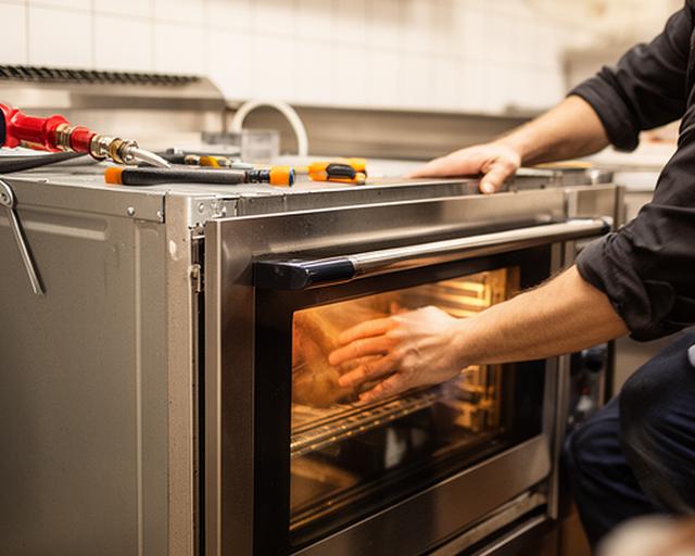 Equipo técnico instalando un horno profesional en una cocina de restaurante