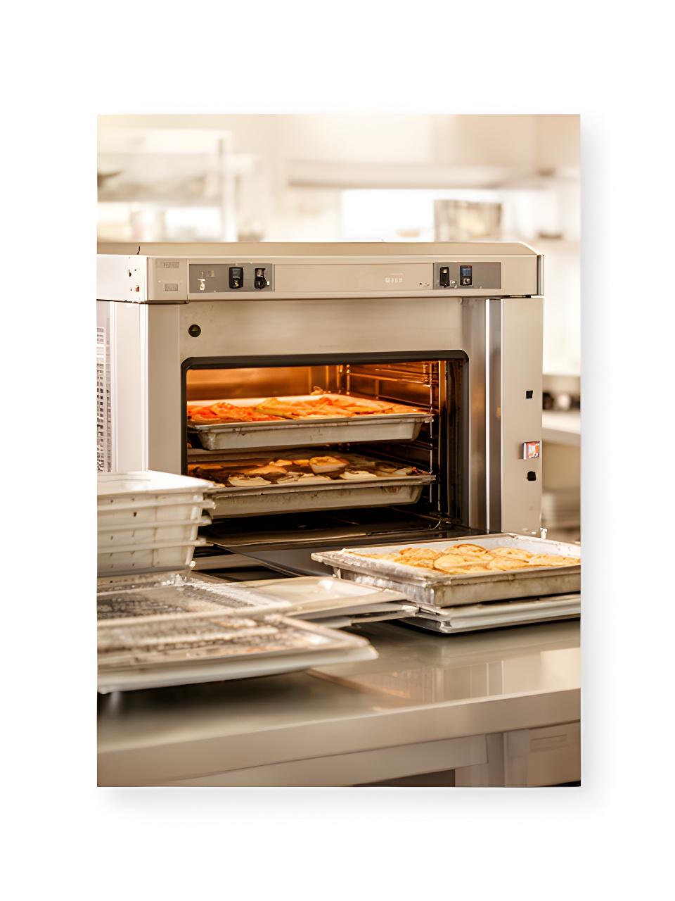 Horno principal de acero en una cocina profesional luminosa con bandejas listas para hornear
