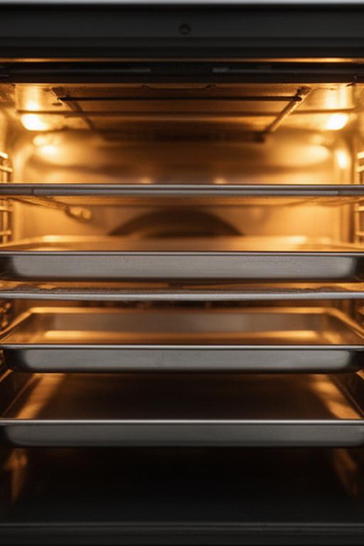 Interior de horno profesional con bandejas metálicas y luz cálida mostrando la cámara de cocción