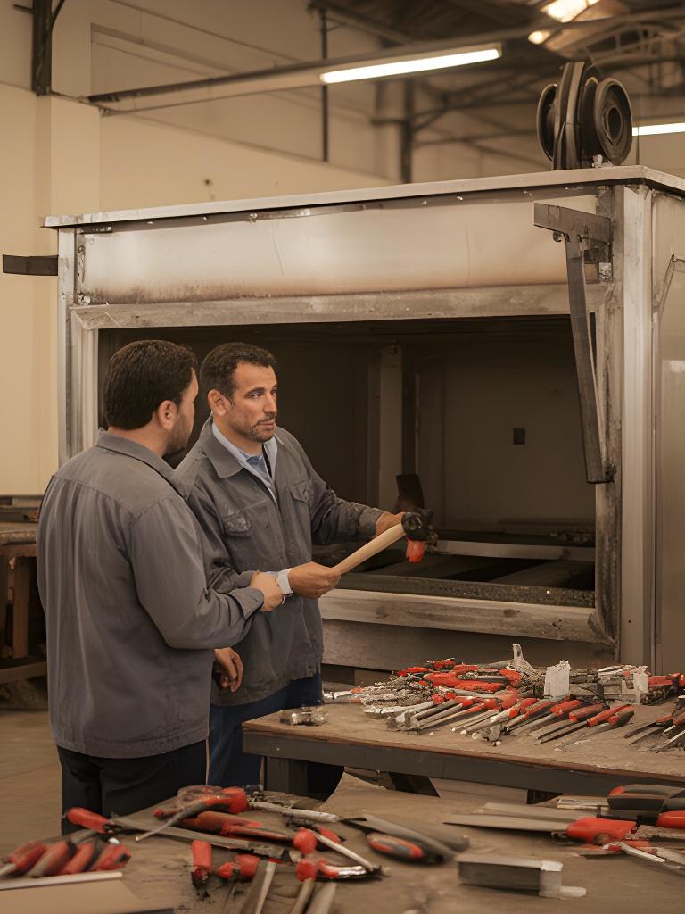 Taller de fabricación en Buenos Aires con técnicos revisando un horno metálico junto a herramientas ordenadas